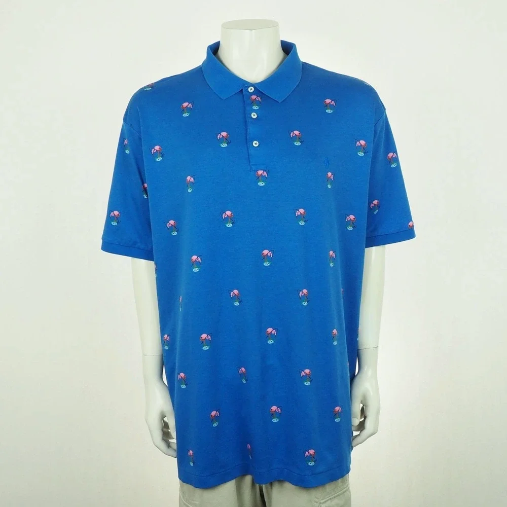 Polo Ralph Lauren Polo Shirt Mens 3XLT Blue Flamingo Birds All Over Print Cotton